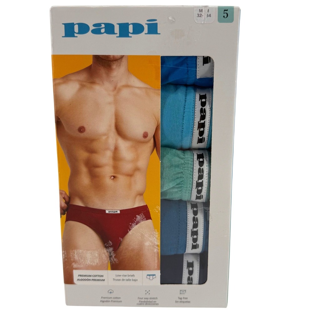 Papi Mens 5 Pack Premium Cotton Low-Rise Briefs Blue Multicolor Size Medium NEW